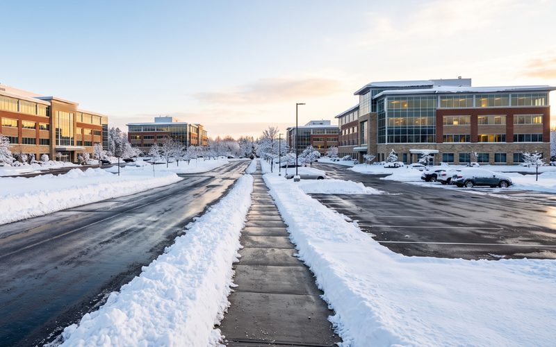 Cleared lot and walkways at a suburban office park